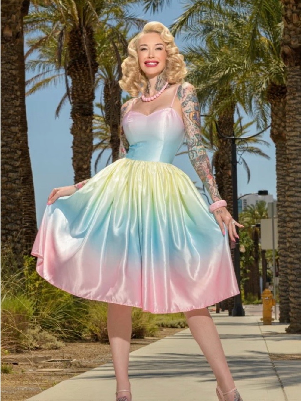 Pastel Ombre Satin Midi Dress — Pink, Blue & Yellow rainbow